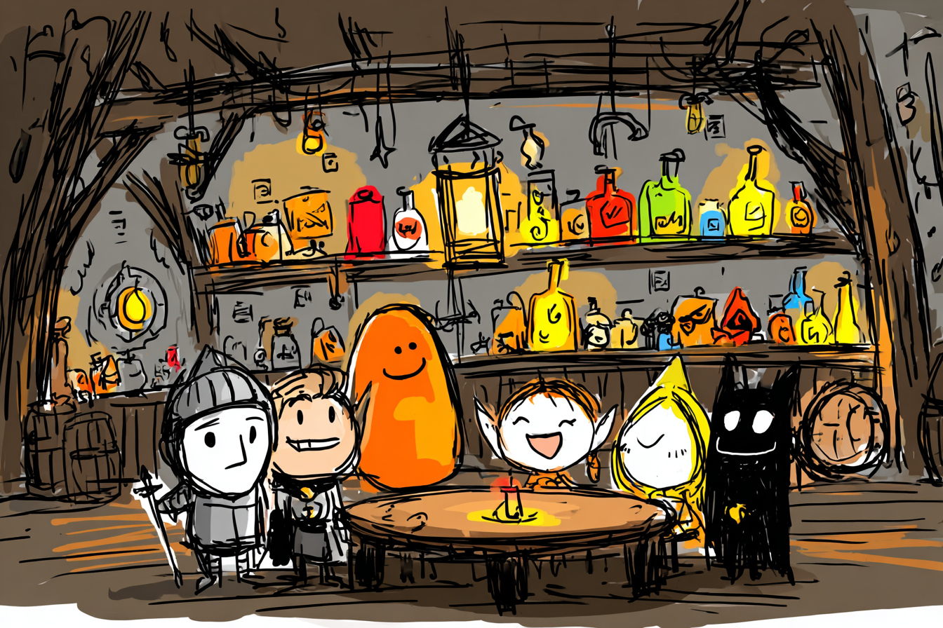 Warm and inviting fantasy tavern with adventurers.