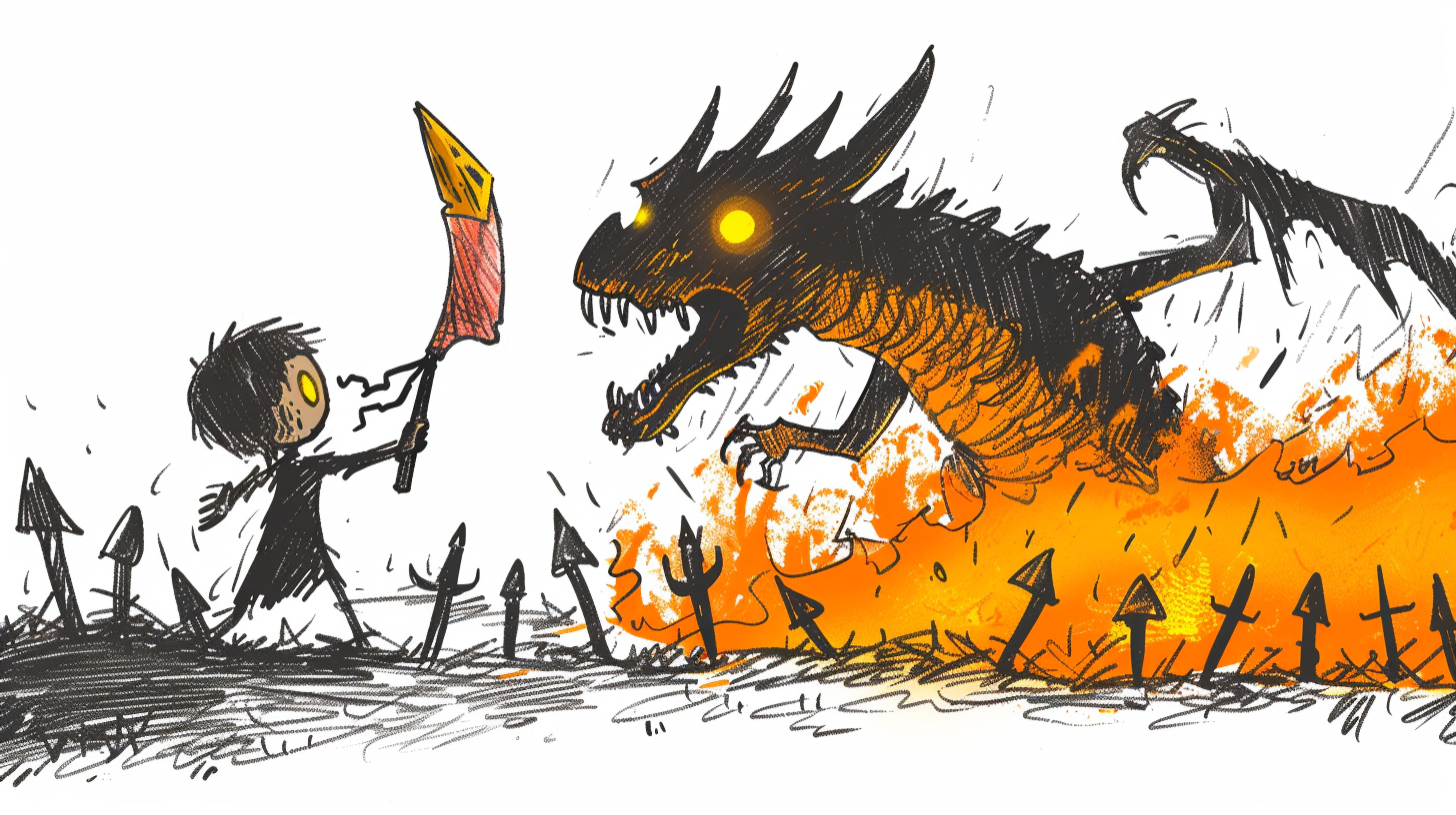 A young adventurer stands against a dragon